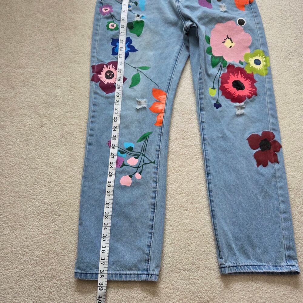 Misslook XL Distressed Denim Floral Painted Artsy Hippie Boho Straight Leg Jeans - Picture 8 of 11